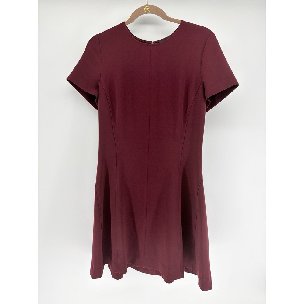 Theory Modern Seamed Shift Short Sleeve Dress Admiral Crepe Sz 10 Burgundy Work